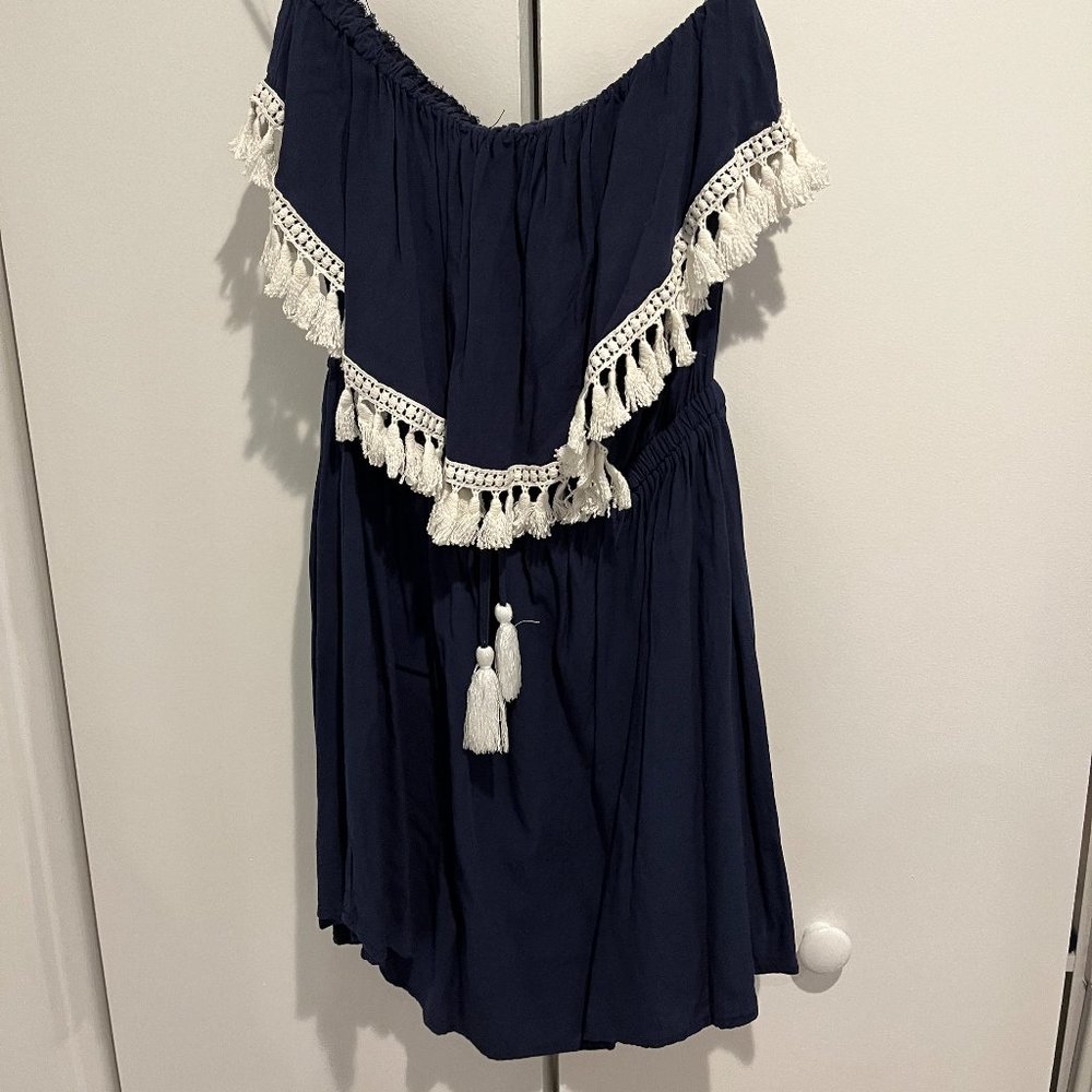 Navy blue off the shoulder mini dress with tassels Size Medium
